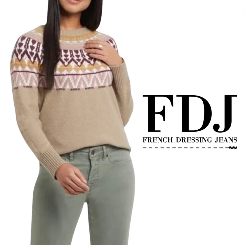 FDJ Tribal Fair Isle Crewneck Ribbed Sweater - Size Small